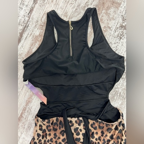 LEOPARD Print High Waisted Cutout Racerback Zip Up Swimwear - L - Picture 10 of 13